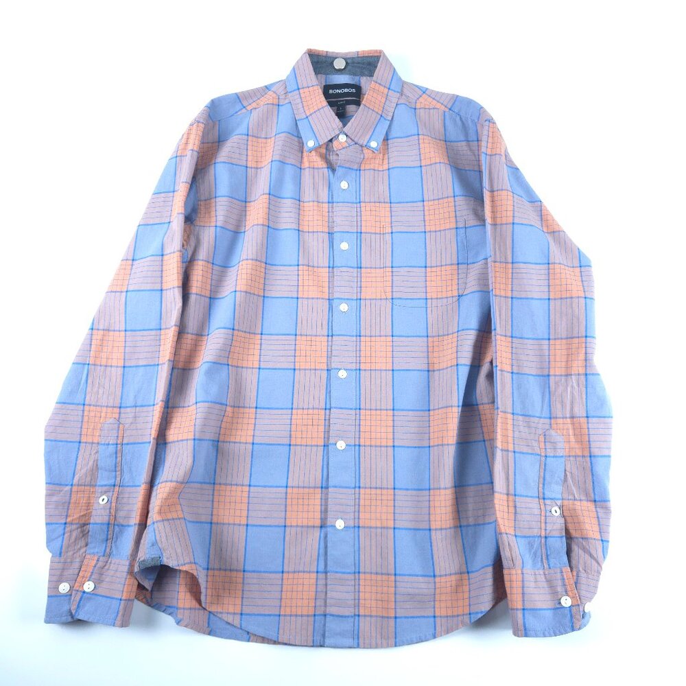 Bonobos Men’s Large Slim Fit Blue Orange Plaid Button Down Shirt Cotton Hemp